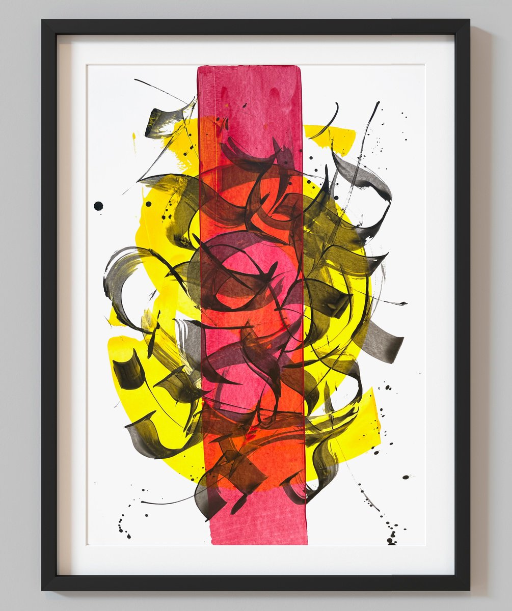 Abstract Acrylic Painting By Evgenia Makarova, 17 X 23, Calligraphic Elements, Original Artwork