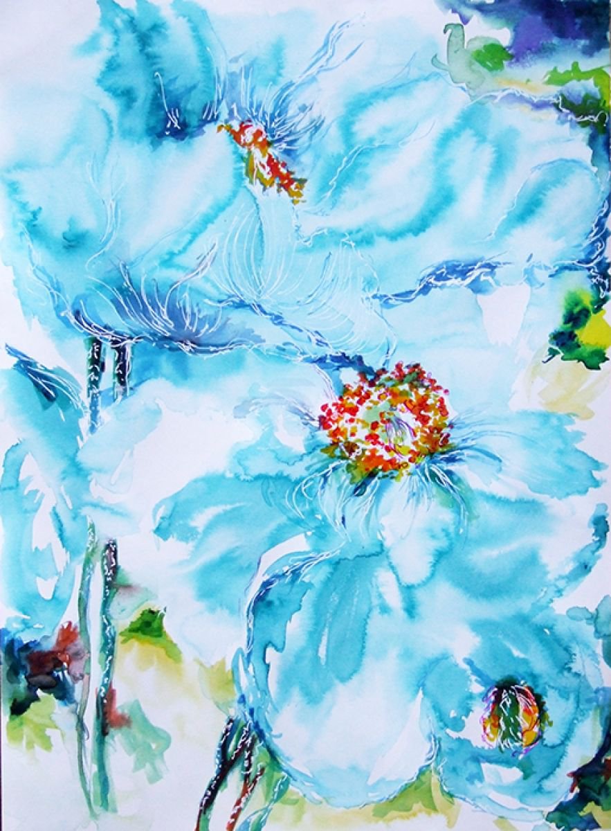 Abstract blue flowers / Watercolour by Anna Sidi-Yacoub