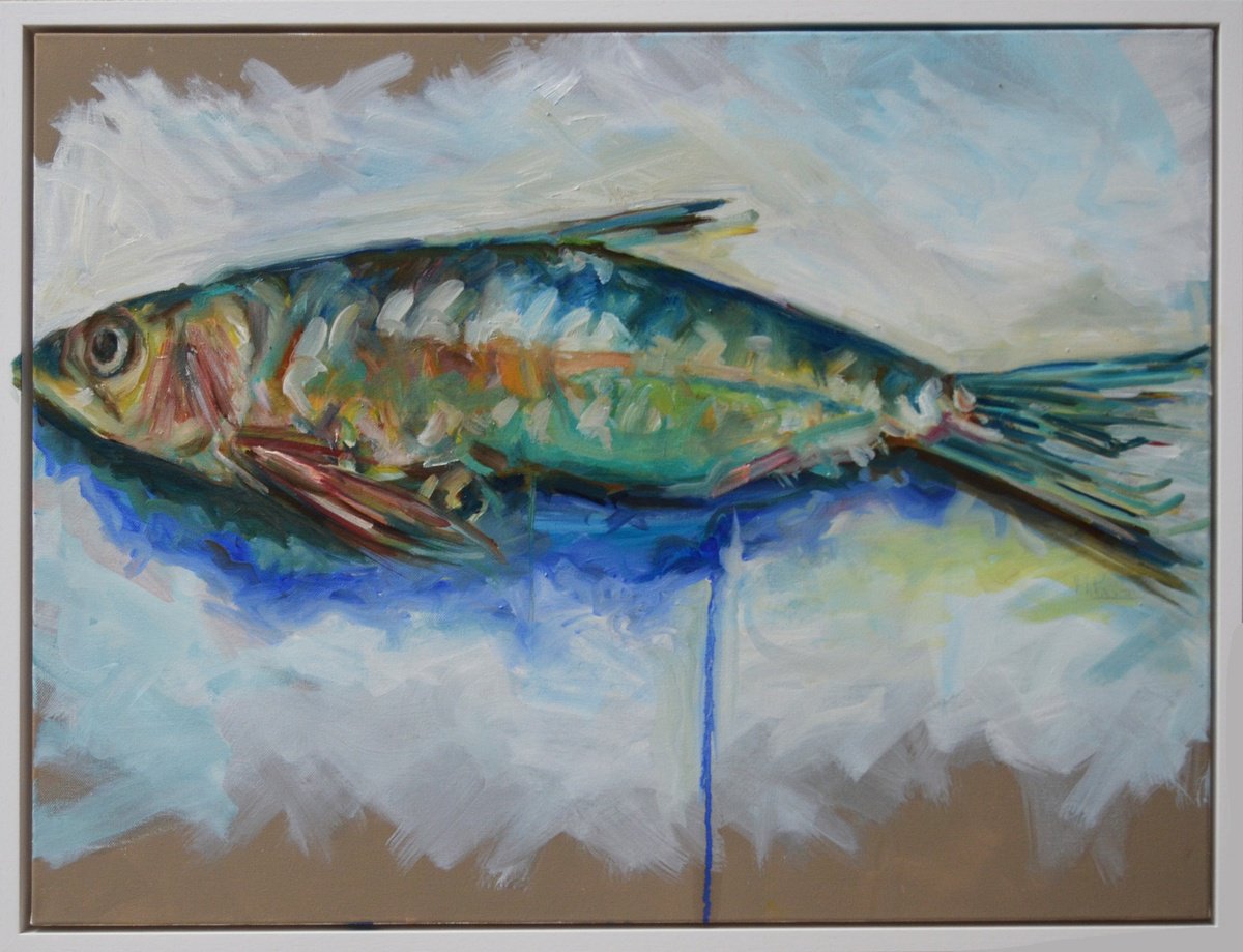 Expressive Animal Oil Painting By Michelle Parsons, 33 X 25", Sardine Blue Drip, Original Artwork