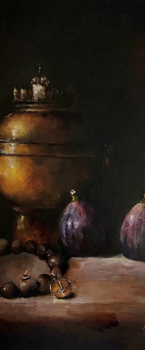 Still Life with Figs, Brass and Lucky Coin Original Oil Painting Art Framed by Nina R. Aide