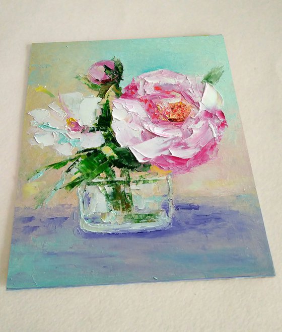 Peonies Painting Original Art Pink Floral Small Artwork Daisy Wall Art