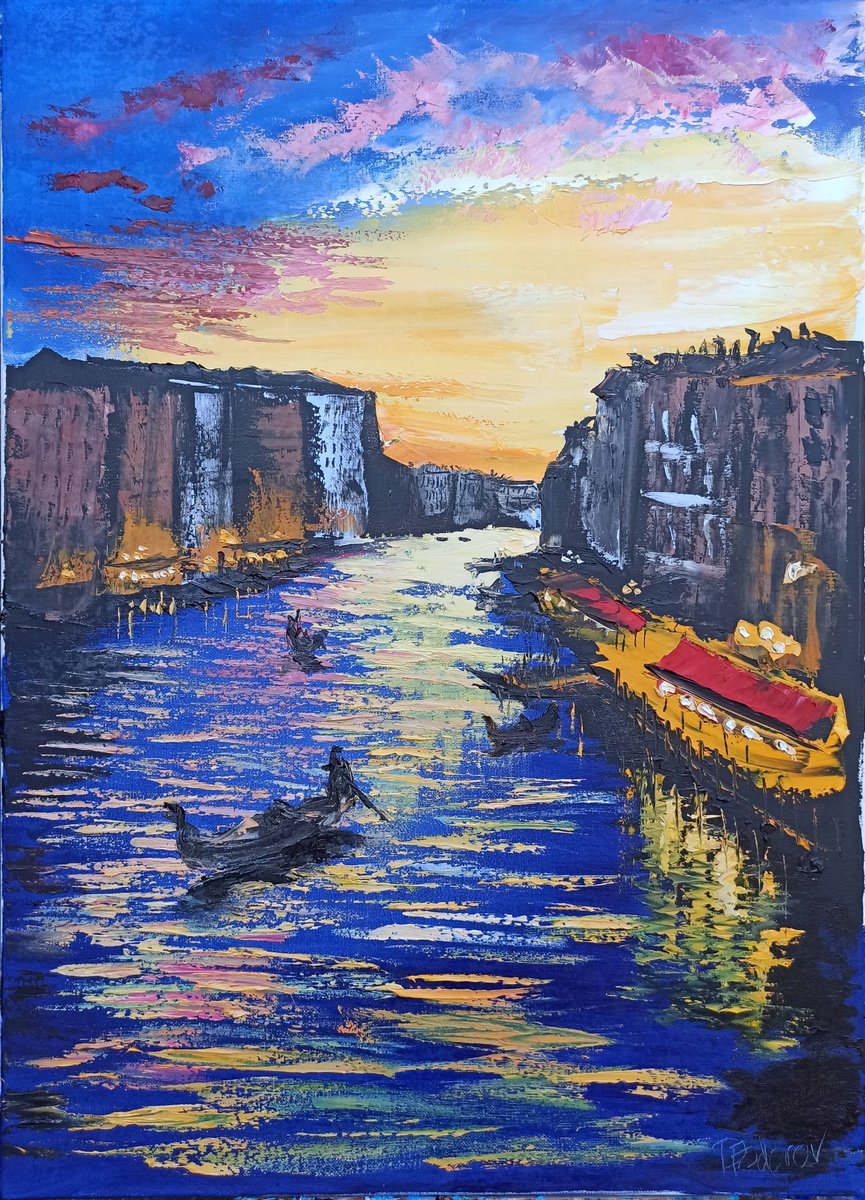 Impressionistic Cityscapes Oil Painting By Dmitry Fedorov, 20 X 28, Venice, Sunset At Grand Canal, Original Artwork