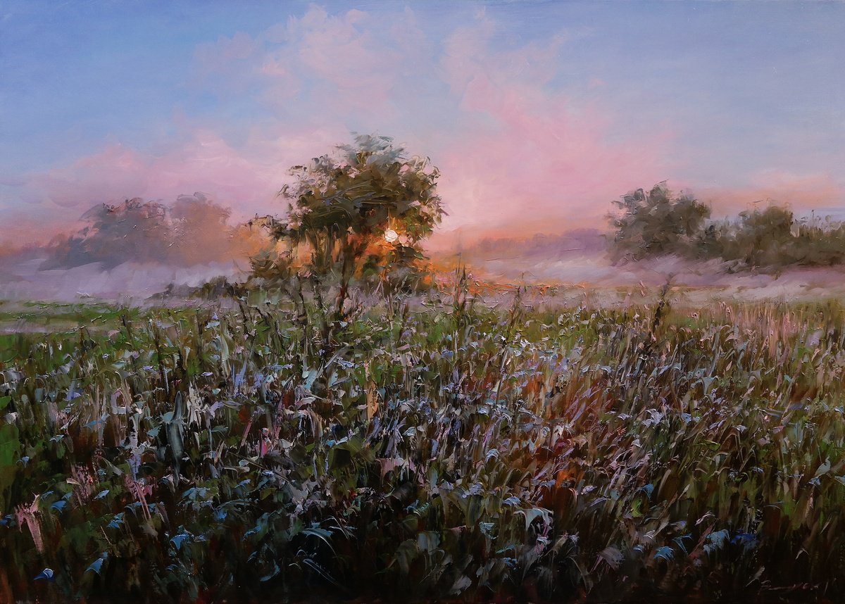 Impressionistic Landscape Oil Painting By Gennady Vylusk, 28 X 20, Dawn, Original Artwork