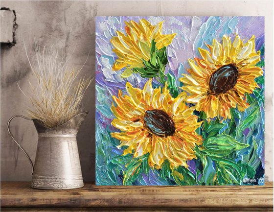 Sunflowers and Lavender - Original Impasto Floral Painting