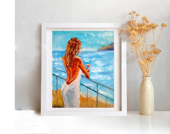 Woman Painting Romantic Original Art Female Figure Artwork Ocean Beach Wall Art