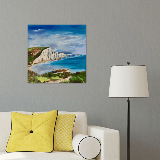 SEVEN SISTERS,   CLIFFS, SUSSEX , ENGLISH LANDSCAPE, OIL PAINTING. OFFICE URBAN WALL ART