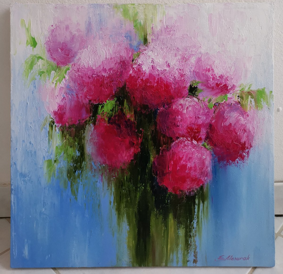Impressionistic Botanical Oil Painting By Elena Mosurak, 16 X 16, Peonies, Original Artwork
