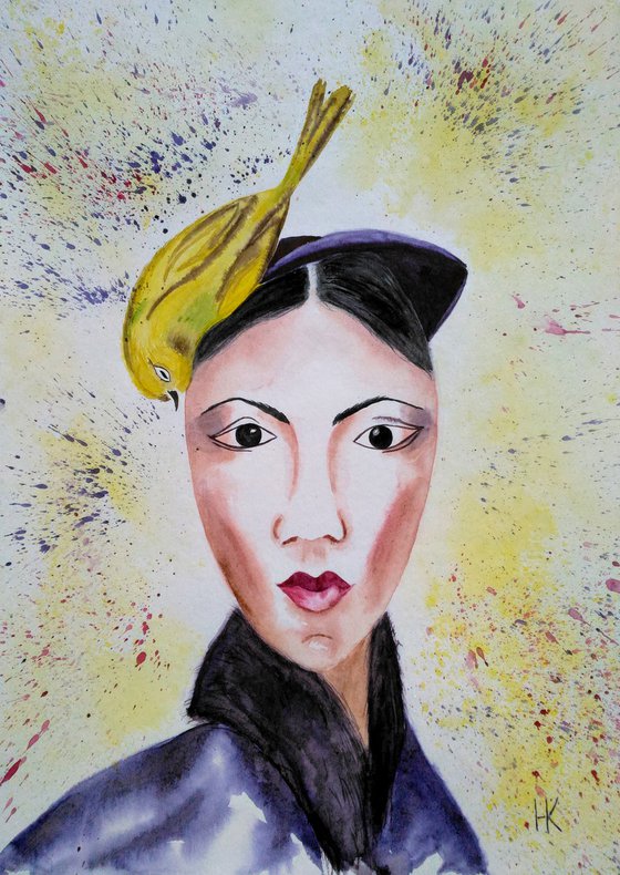 Woman with Goldfinch original watercolor painting