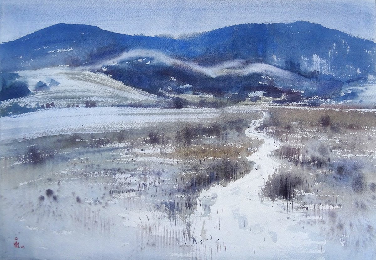 Impressionistic Landscape Watercolour By Maksym Kisilov, 23 X 16", "A Frosty Day", Original Artwork