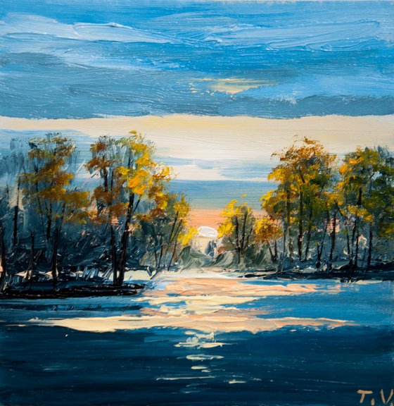 River landscape. Oil painting. Original Art. 6 x 6 in.