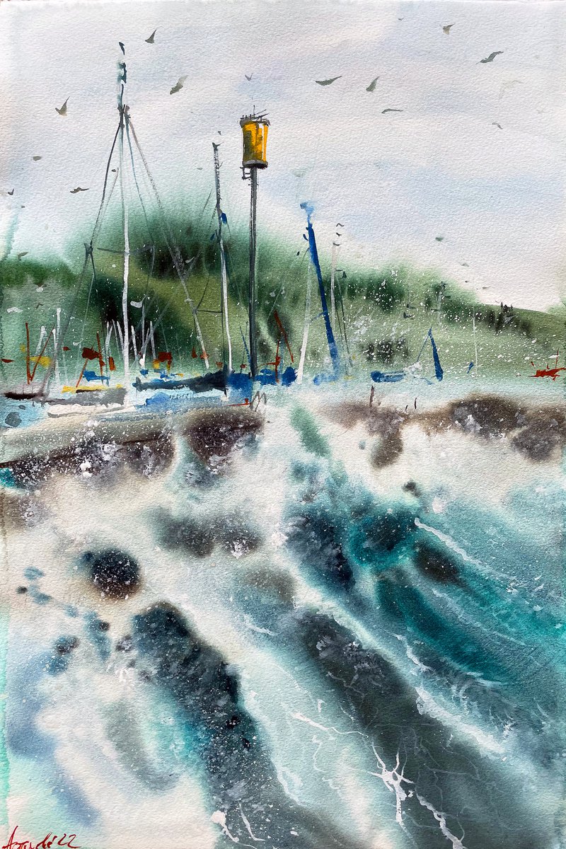 Impressionistic Landscape Watercolour By Ksenia Astakhova, 15 X 22", Storm At Lake Leman, Original Artwork