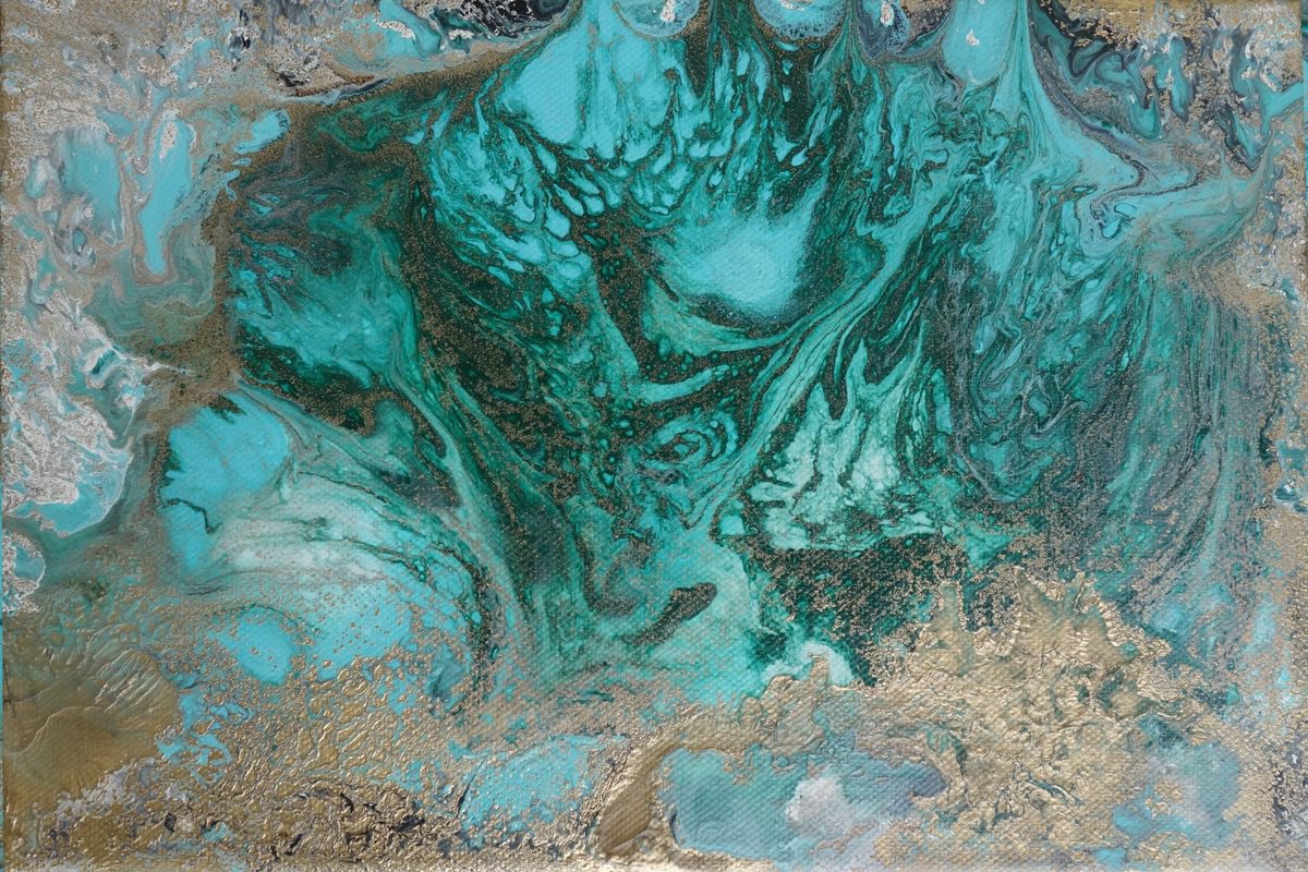 Small emerald fluid abstract painting 20x30x2 cm acrylic on canvas a060 Emerald green and... by Ksavera