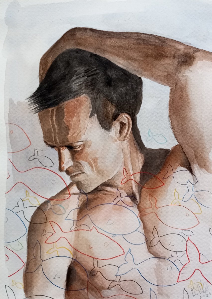 Illustrative Portrait Drawing By Paolo Beneforti, 12 X 17", Man With Fish, Original Artwork