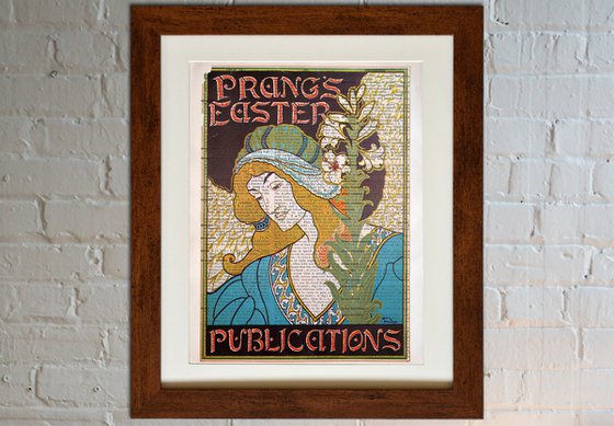 Prang's Easter Publications - Collage Art Print on Large Real English Dictionary Vintage Book Page