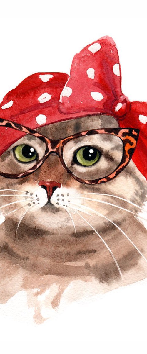 Lady Cat in Glasses - Retro Ca by Olga Beliaeva Watercolour