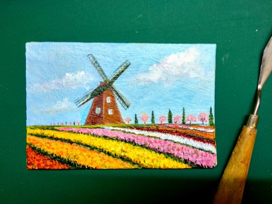 Miniature Dutch Windmill and Tulips Landscape