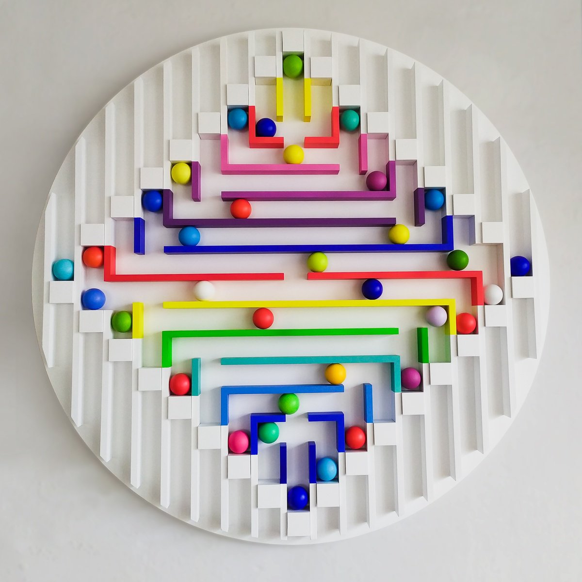 Geometric Abstract Wood Sculpture By Andrij Savchuk, 39 X 39, Colorful Labyrinths In Circle, Original Artwork