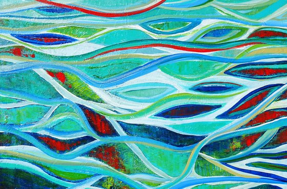 SEA GLASS. Teal, Blue, Aqua Contemporary Abstract Seascape, Ocean Waves Painting. Modern Textured Art