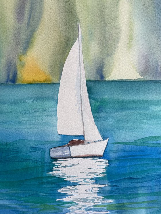 Ship Original Watercolor Painting, Large Switzerland Landscape Artwork, Boat Wall Art, Water Picture