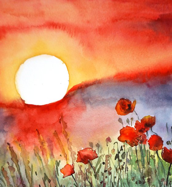 ORIGINAL Watercolor Field of Poppy Flowers - Red Poppies Landscape in Sunset - Nature Art