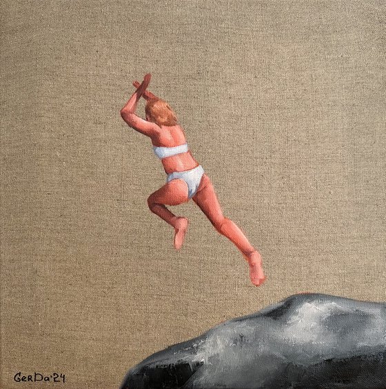 Leaping into Water - Swimmer Woman Dive Beach Painting