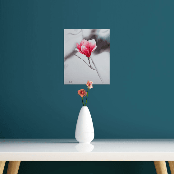 Magnolia in bloom 1. Simple and minimalistic small size floral painting