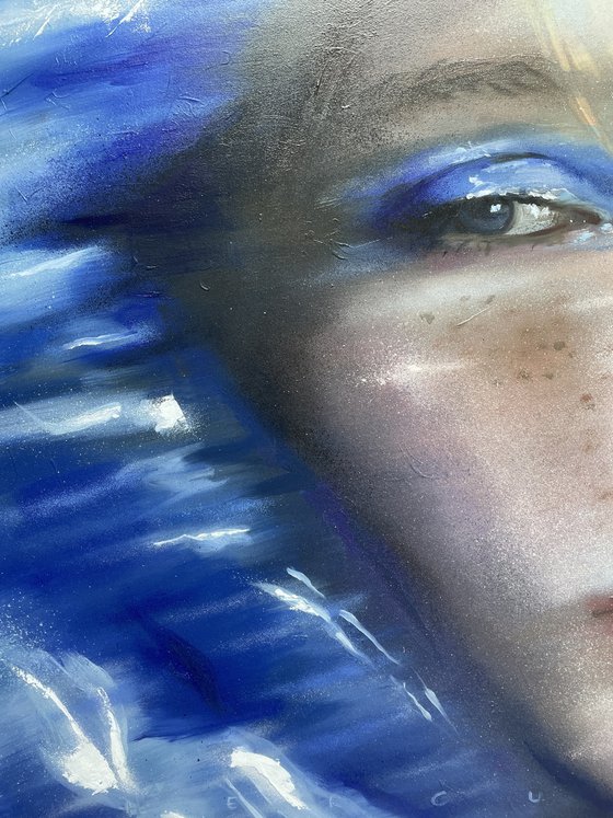 Trough the rain | blue oil painting on canvas woman portrait