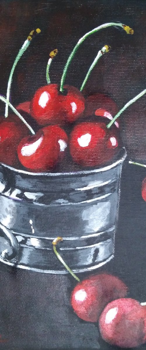 Red cherries on black by Liubov Samoilova