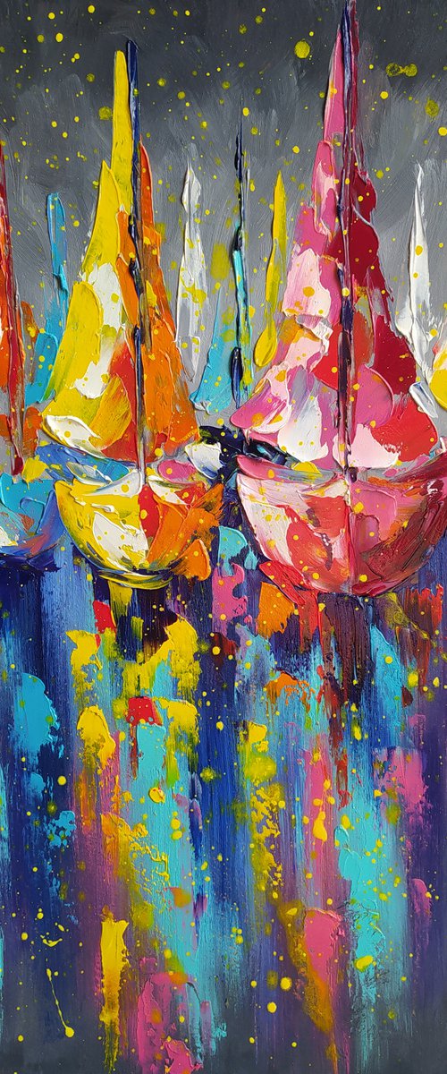 Yachts under the starry sky - yacht, oil painting, yacht club, sea with yachts, yacht original painting, seascape, sea with yachts, yacht original painting, gift, impressionism, palette knife by Anastasia Kozorez
