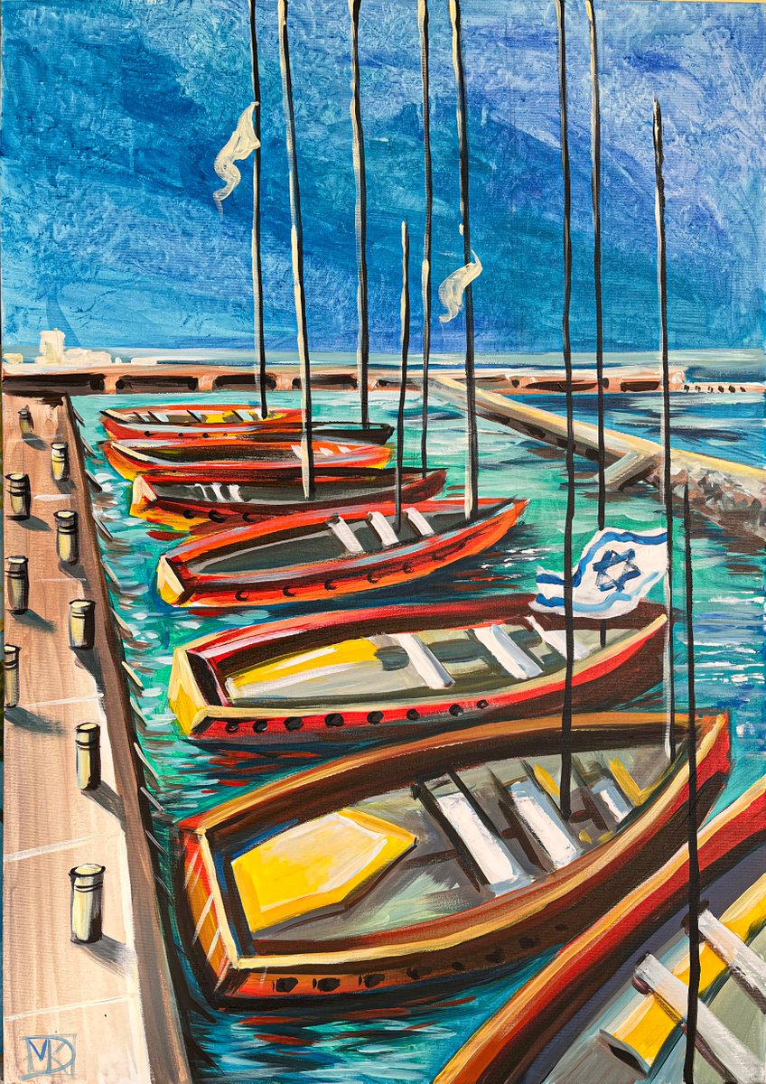 Impressionistic Landscape Acrylic Painting By Maria Kireev, 28 X 39", Tel Aviv Jaffa Boats, Original Artwork
