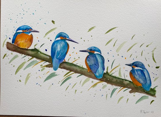 Kingfisher party. Watercolour painting