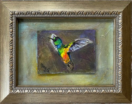 Fiery-throated Hummingbird oil painting on gessoed masonite mounted on gessoed panelboard silver gold frame 5x7 by Mary Gullette