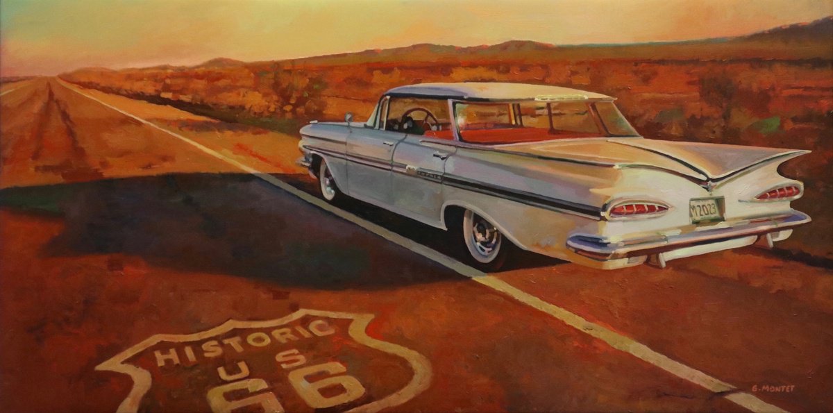 Photorealistic Landscape Oil Painting By Benoit Montet, 42 X 22, Route 66, Original Artwork