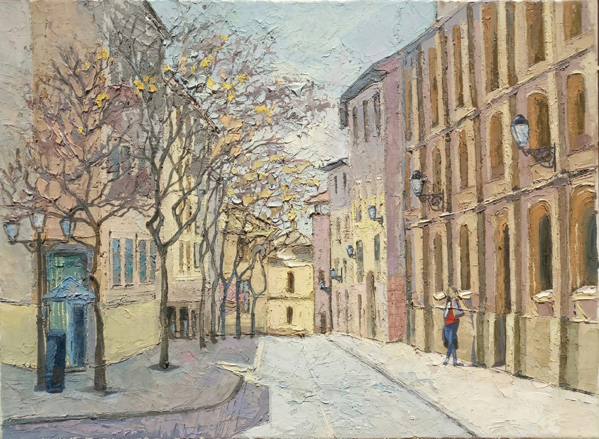 Cityscapes Oil Painting By Ilona Sedneva, 16 X 12, Calle Las Cortes, Original Artwork