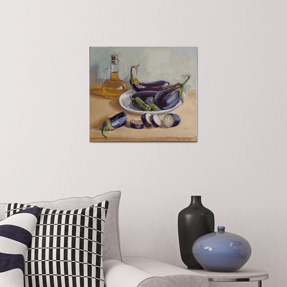 Blue Eggplant Vegetables in a Plate with olive oil still life painting