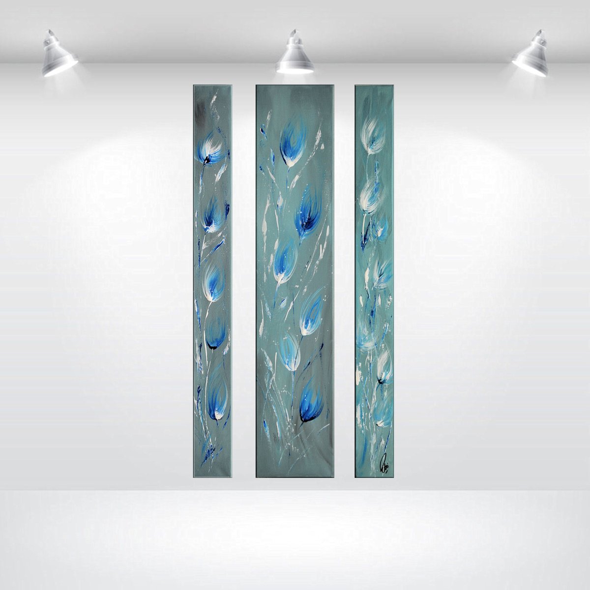 Abstract Acrylic Painting By Edelgard Schroer, 16 X 39, Echoes In Blue, Original Artwork