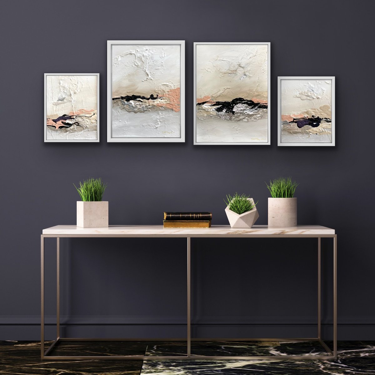 Poetic Landscape - Peach , White, Black - Composition 4 paintings framed - Wall Art Ready... by Daniela Pasqualini