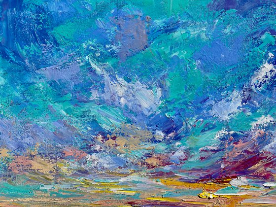 Sunset - On the shore, 60*80cm, impressionistic landscape oil painting in purple, blue and pink