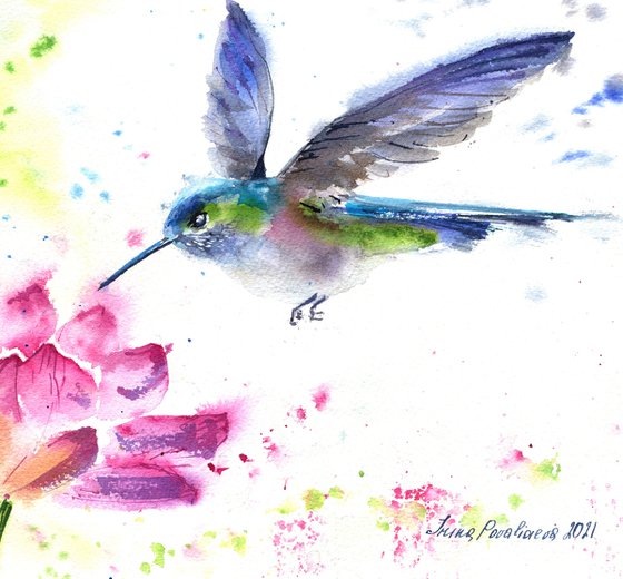 Hummingbird illustration original watercolor painting, bright bird artworc, impressionistic wall art