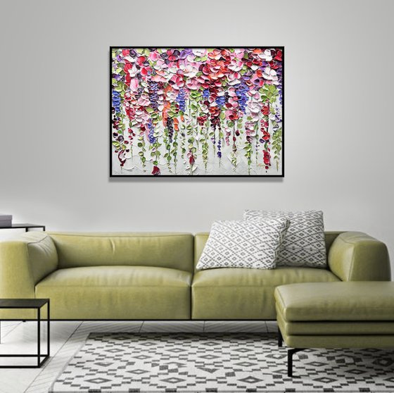 Blooming Above - Original Abstract Falling Colorful Leaves Flower Painting, Pink Flower Painting, Size: 32 x 24 inches (80 x 60 cm)