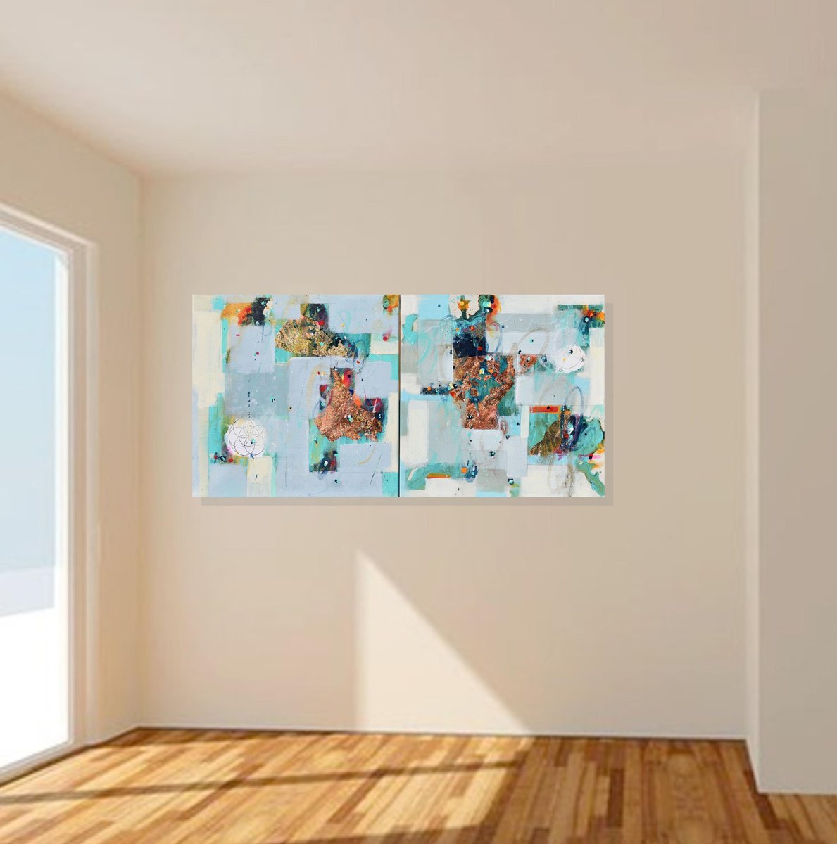 Abstract Painting By Cynthia Ligeros, 24 X 12, Reflections Of The Winter Sky, Original Artwork