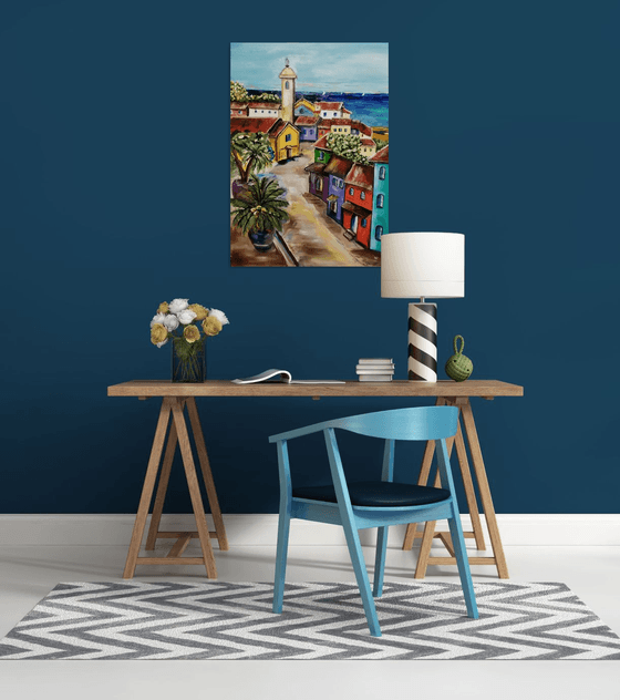 City, original city  oil painting, bedroom art, art for sale, gift