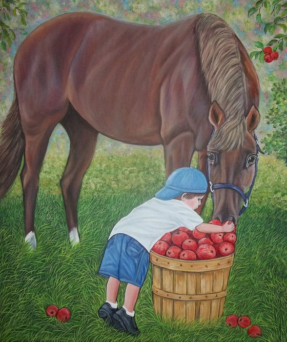 Picking apples, Little Boy and Horse