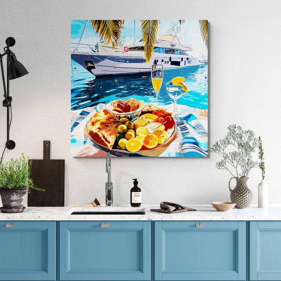 Breakfast with fruit juice and cocktail. Chic rich luxury vacation holiday on a yacht ship in the sea ocean. Positive relax sunny bright colorful wall art for marine home decor. Art Gift