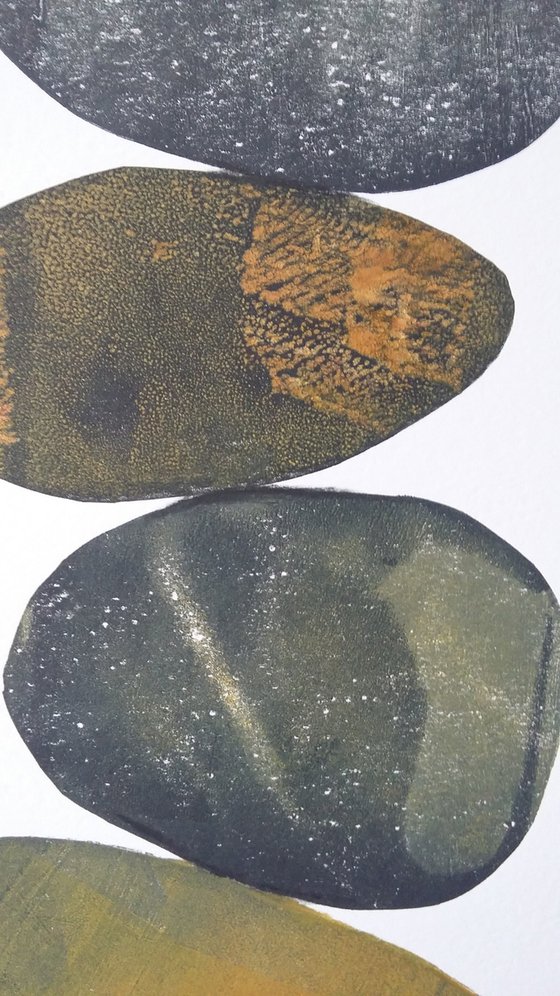 Zen stones - Eleven stones #7  ( banded balancing stones lino/monoprint)