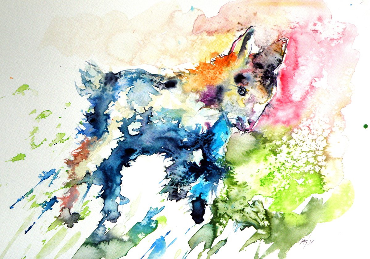 Animal Watercolour By Kovacs Anna Brigitta, 14 X 10", Baby Goat Playing, Original Artwork