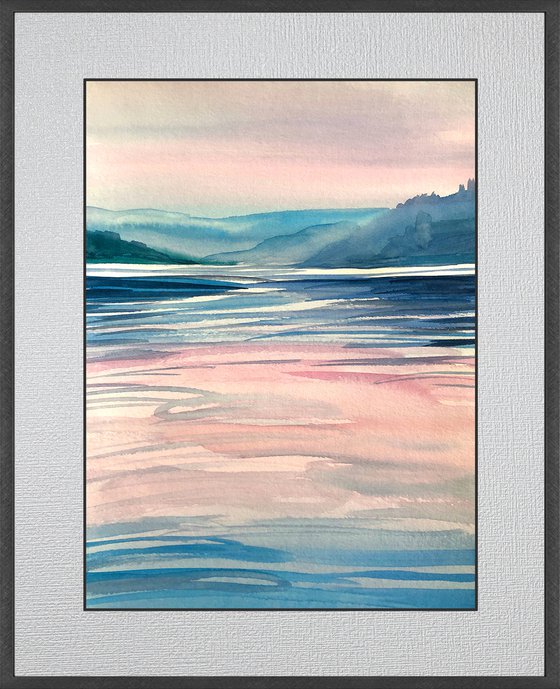 PINK SUNRISE ON WATER, Original Impressionist Vertical Landscape Watercolor Painting