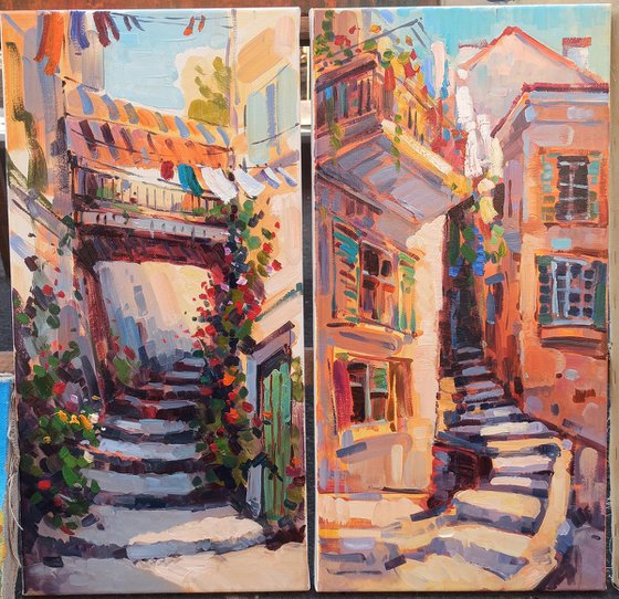 The rural houses(50x50cm, diptych, oil painting, ready to hang)