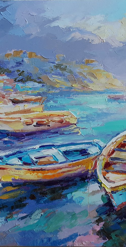 Boats in the bay - painting landscapes by Viktoria Lapteva