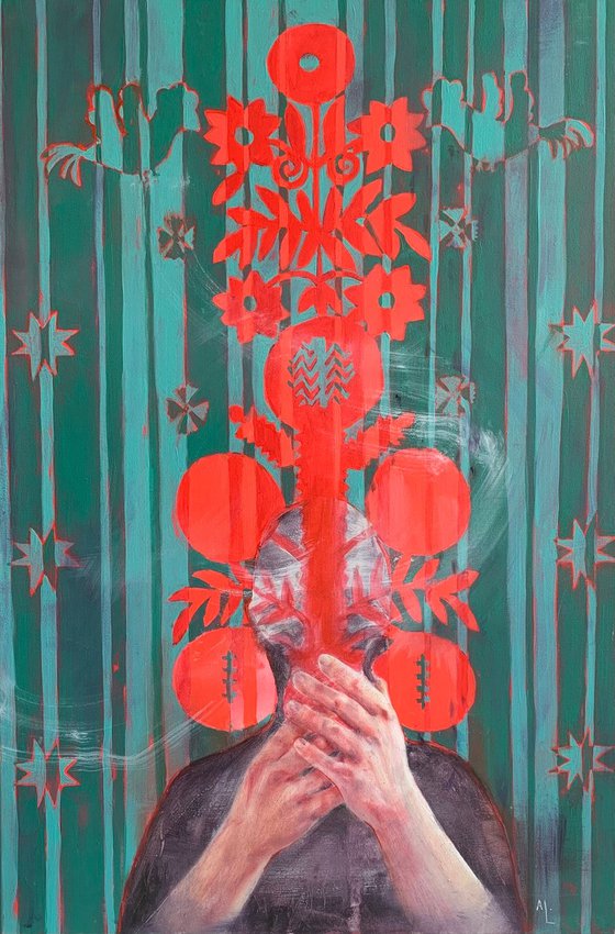 Hands are depicted with a folk ornament on a background with a green tint.